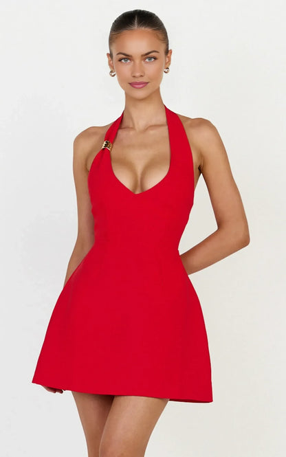 Vibrant A-Line Plunge Halter Sleeveless Open Back Mini Homecoming Dresses with Gold Hardware