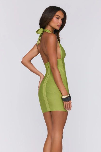 Vibrant Figure-Hugging Bodycon Deep V-Neck Halter Sleeveless Open Back Tie-Detail Mini Homecoming Dresses
