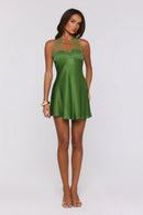 Vibrant Green A-Line Halter Neck Sleeveless Open Back Mini Homecoming Dress with Sheer Tie Detail
