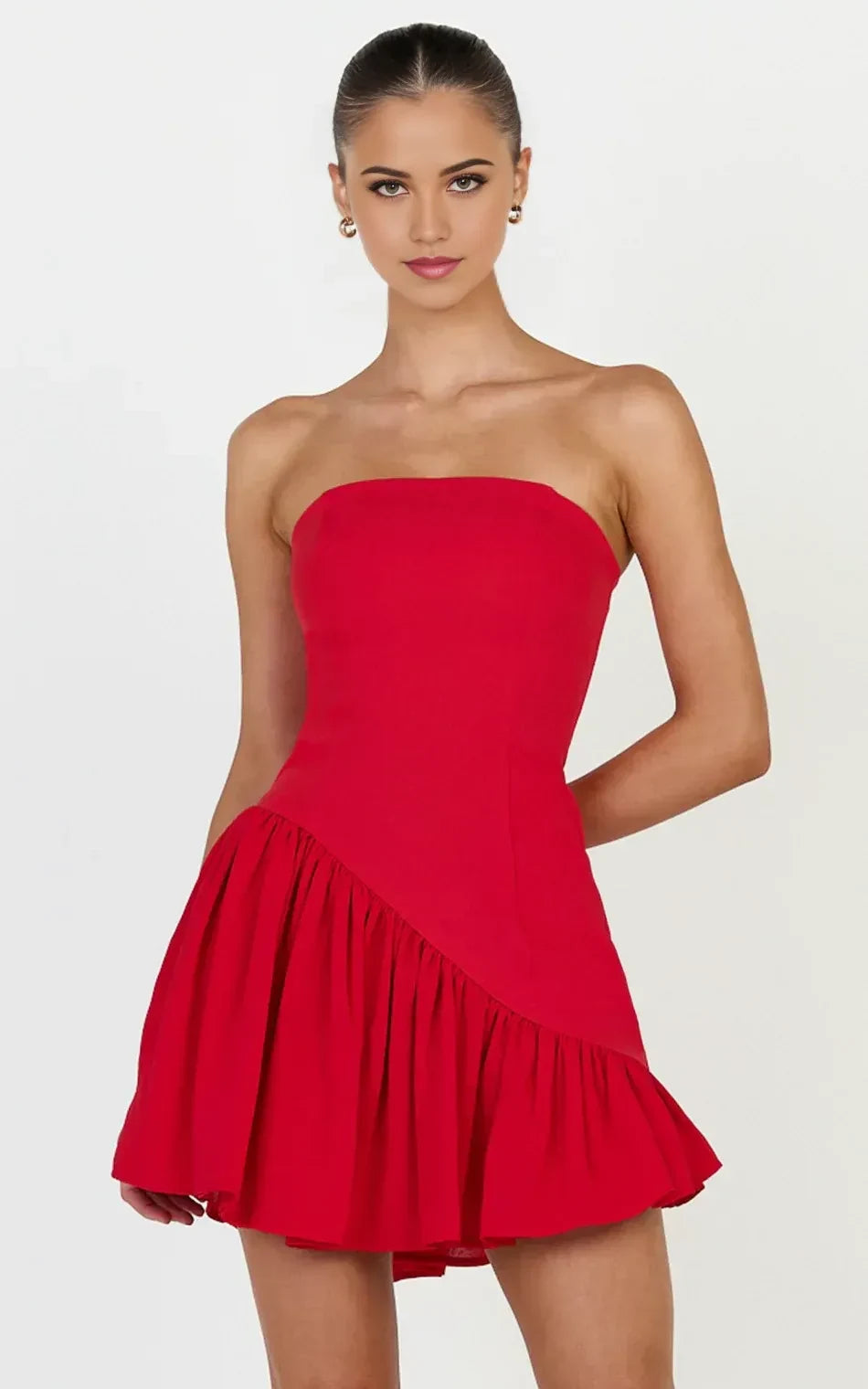 Vibrant Red Strapless A-Line Gathered Ruffle Mini Zipper Back Homecoming Dresses for Parties