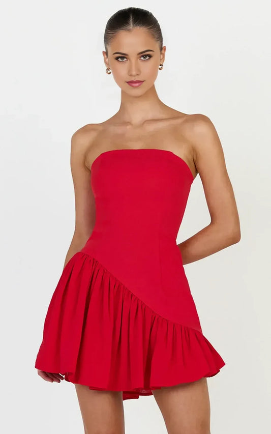Vibrant Red Strapless A-Line Gathered Ruffle Mini Zipper Back Homecoming Dresses for Parties