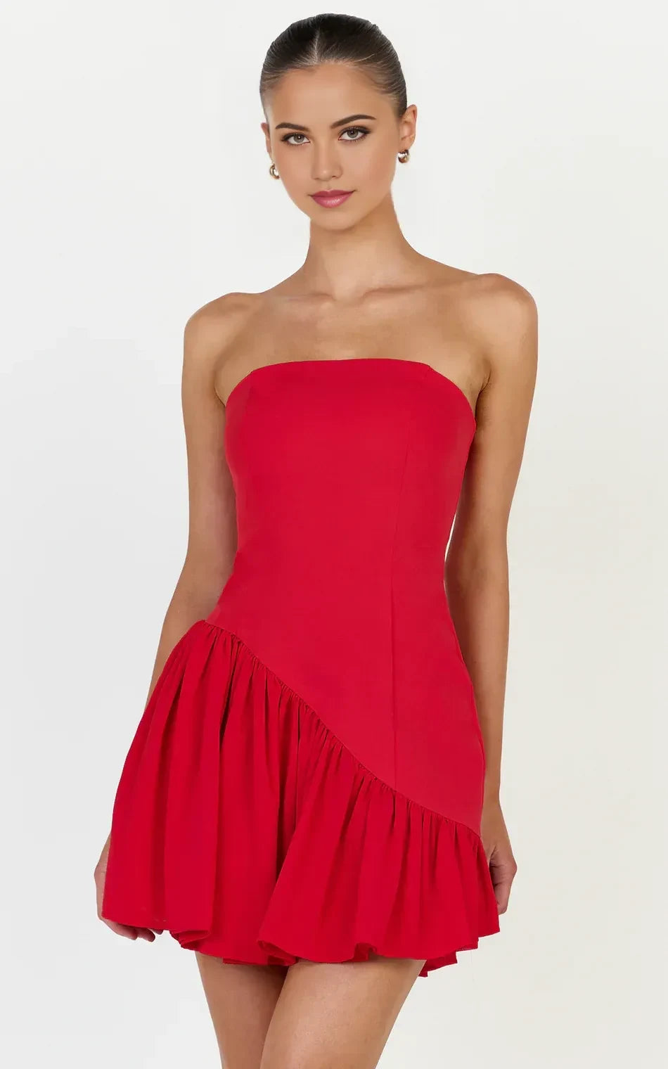 Vibrant Red Strapless A-Line Gathered Ruffle Mini Zipper Back Homecoming Dresses for Parties