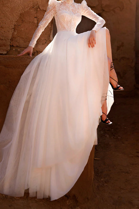 Vintage A-Line High-Neck Puffed-Sleeve Open-Back Train-Length Wedding Dress