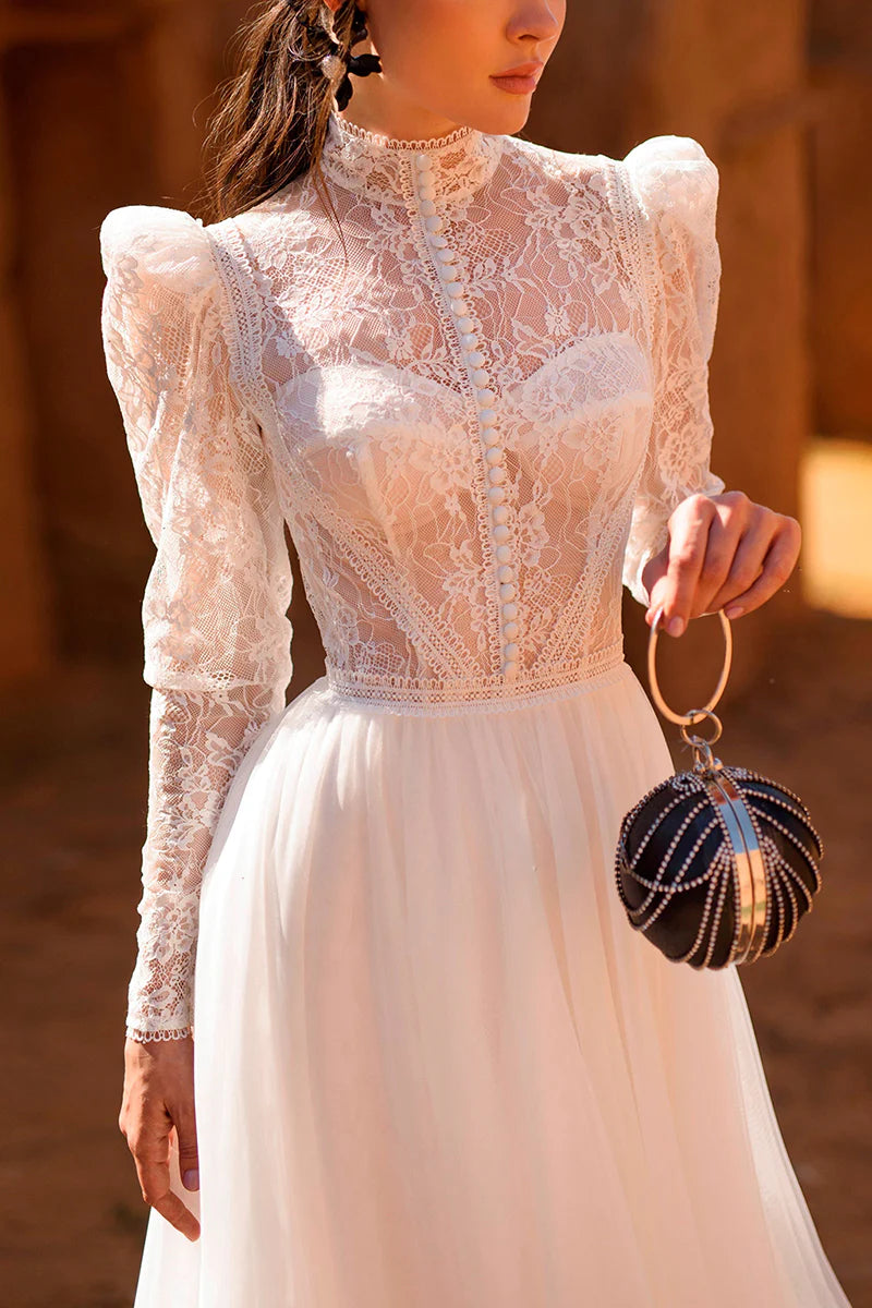 Vintage A-Line High-Neck Puffed-Sleeve Open-Back Train-Length Wedding Dress