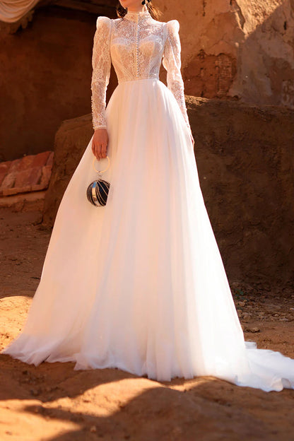 Vintage A-Line High-Neck Puffed-Sleeve Open-Back Train-Length Wedding Dress