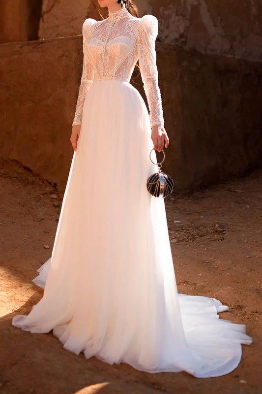 Vintage A-Line High-Neck Puffed-Sleeve Open-Back Train-Length Wedding Dress