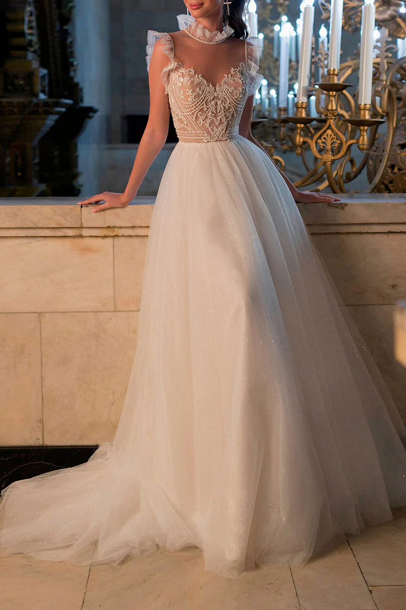 Vintage A-Line Illusion-Neck Cap-Sleeve Open-Back Train-Length Wedding Dress
