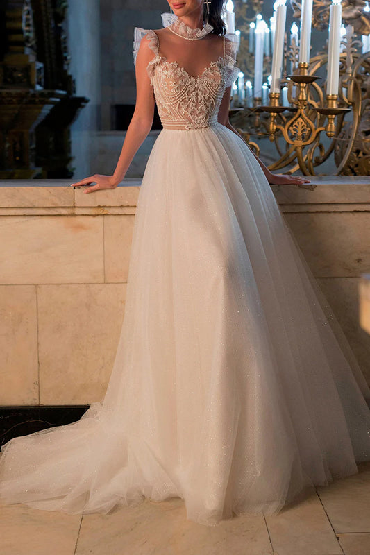 Vintage A-Line Illusion-Neck Cap-Sleeve Open-Back Train-Length Wedding Dress