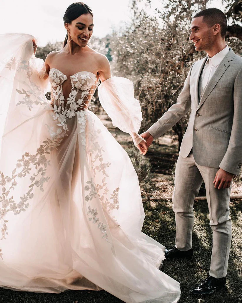Vintage A-Line Plunge-V-Neck Cap-Sleeve Open-Back Train-Length Wedding Dress