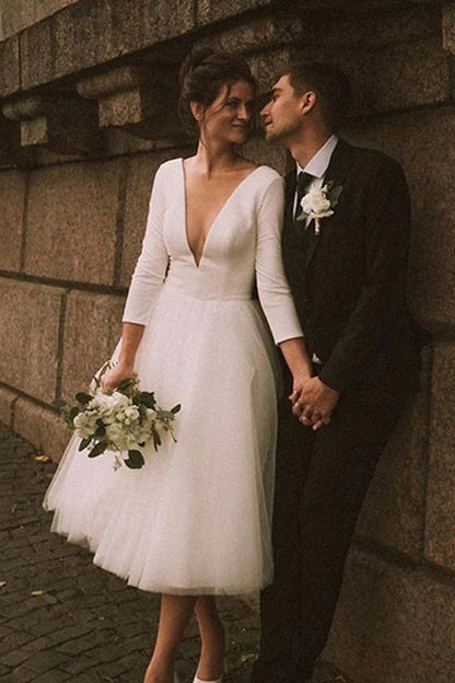 Vintage A-Line Plunge-V Neck Long Sleeve Button Back Tea Length Wedding Dress