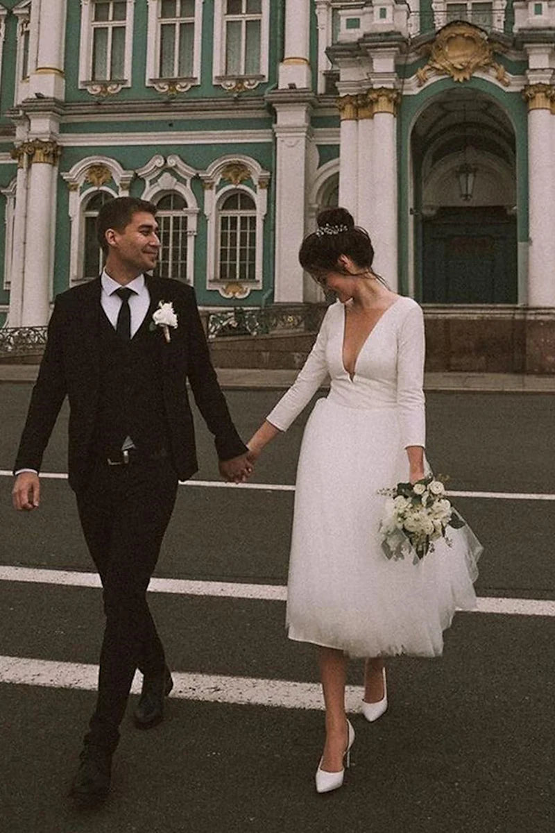 Vintage A-Line Plunge-V Neck Long Sleeve Button Back Tea Length Wedding Dress