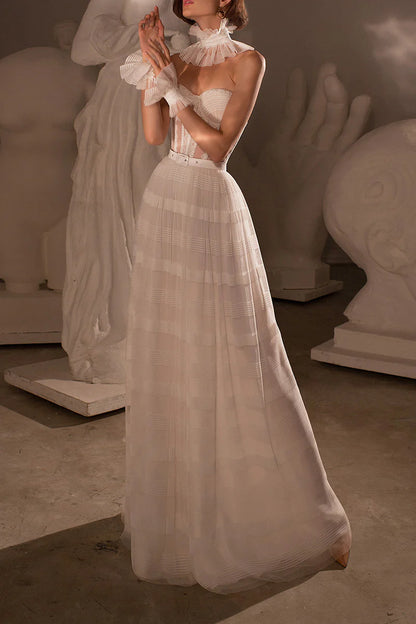 Vintage A-Line Sweetheart Detachable-Puff-Sleeve Lace-Up-Back Train-Length Wedding Dress
