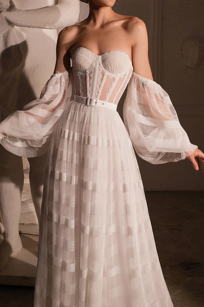Vintage A-Line Sweetheart Detachable-Puff-Sleeve Lace-Up-Back Train-Length Wedding Dress