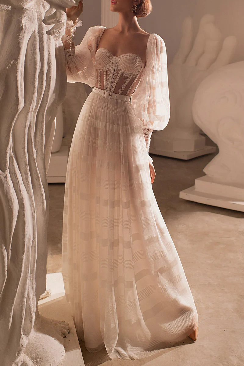 Vintage A-Line Sweetheart Detachable-Puff-Sleeve Lace-Up-Back Train-Length Wedding Dress
