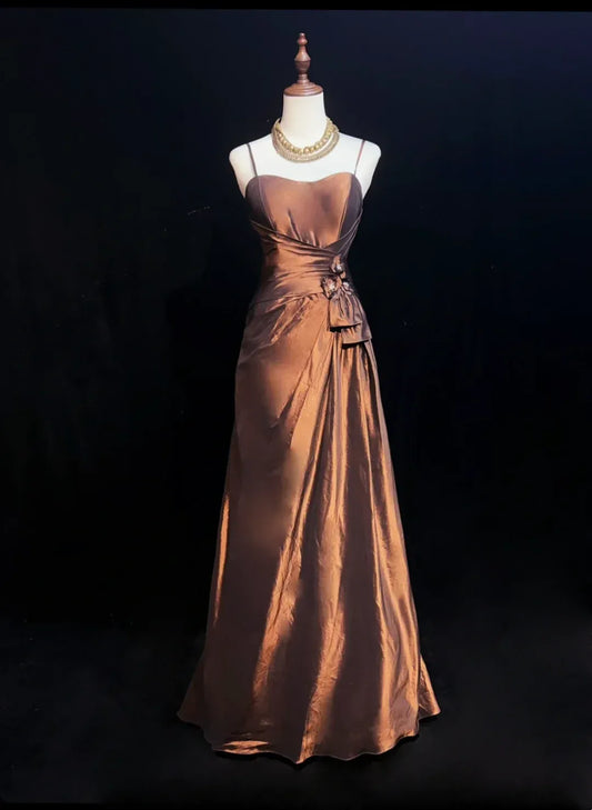 Vintage A-line iridescent bronze prom dress, sweetheart neckline.