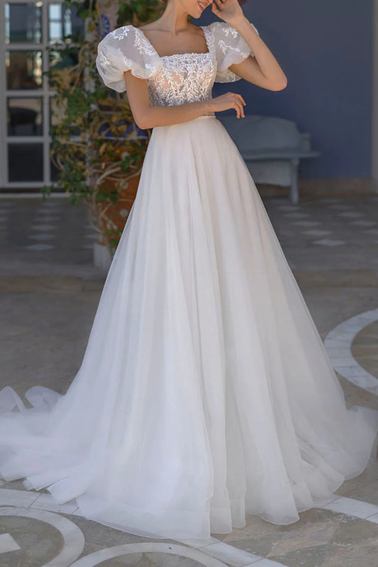 Vintage Ball-Gown Square-Neck Puffed-Short-Sleeve Sheer-Back Chapel Train Wedding Dress