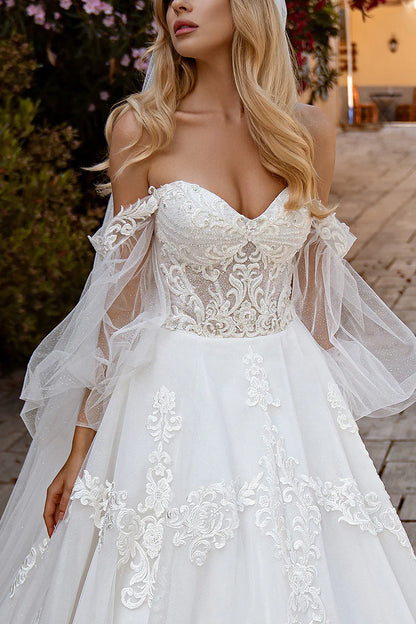 Romantic Ball-Gown Sweetheart Detachable-Puff-Sleeve Lace-Up-Back Train-Length Wedding Dress