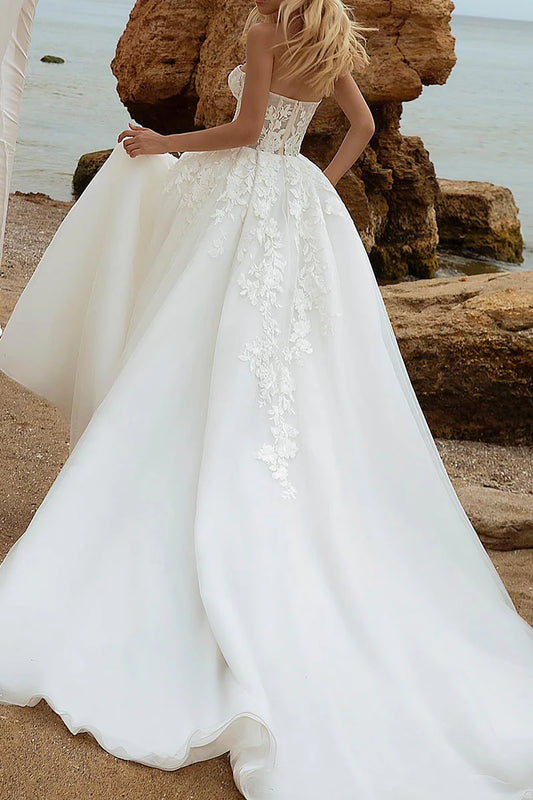 Romantic Ball-Gown Sweetheart Detachable-Puff-Sleeve Lace-Up-Back Train-Length Wedding Dress