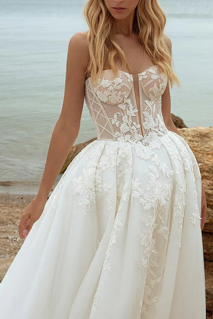 Romantic Ball-Gown Sweetheart Detachable-Puff-Sleeve Lace-Up-Back Train-Length Wedding Dress