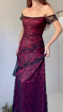 Vintage Mermaid Off-Shoulder Short Sleeve Burgundy Black Lace Floor-Length Prom Dress.