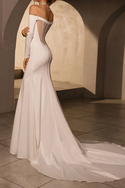 Vintage Mermaid Off-The-Shoulder Long-Sleeve Open-Back Train-Length Wedding Dress