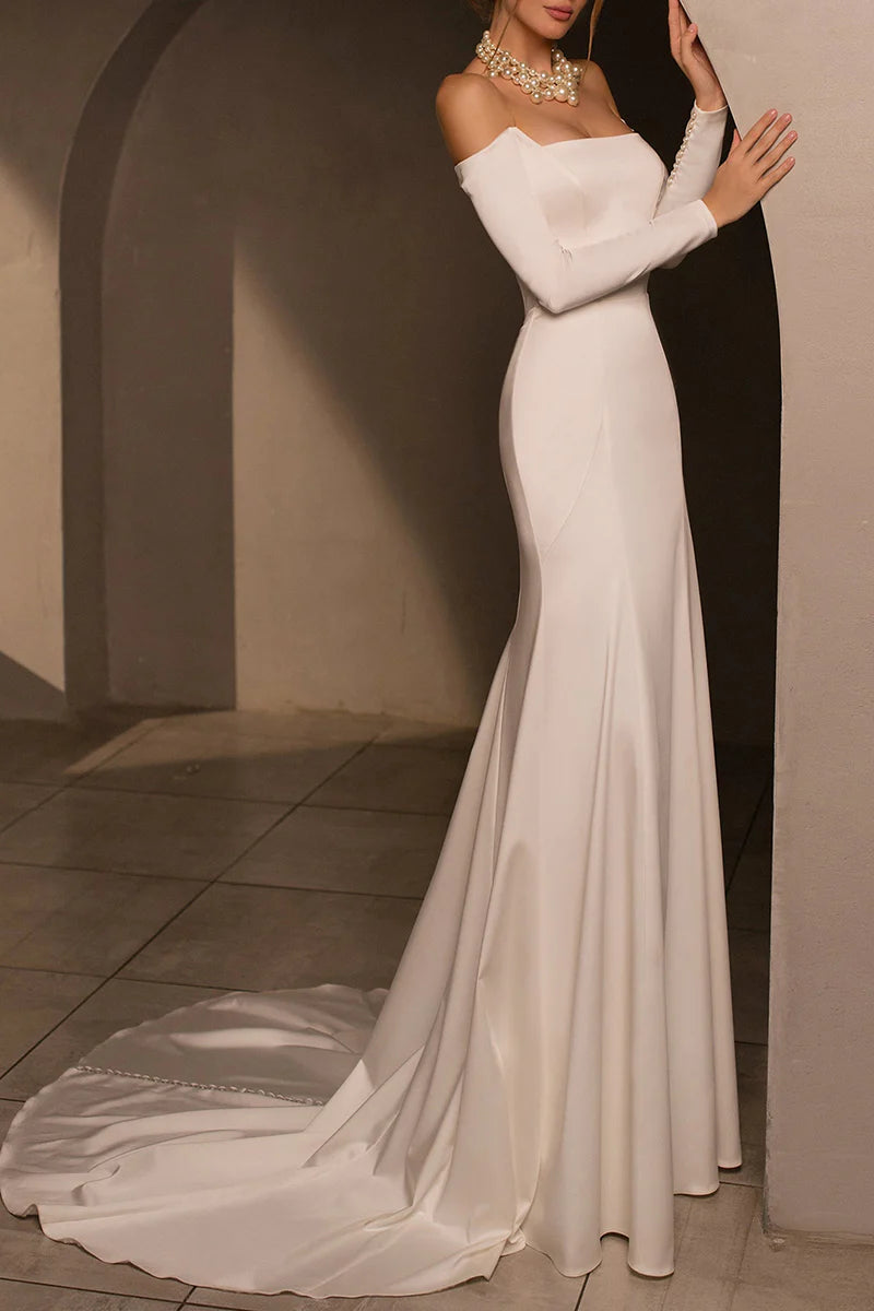 Vintage Mermaid Off-The-Shoulder Long-Sleeve Open-Back Train-Length Wedding Dress