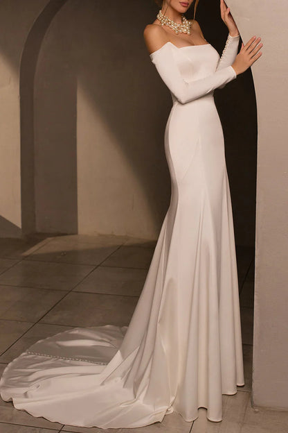 Vintage Mermaid Off-The-Shoulder Long-Sleeve Open-Back Train-Length Wedding Dress