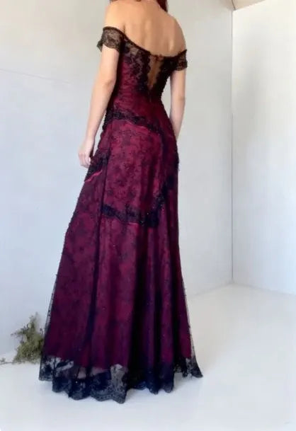 Vintage Mermaid Off‑The‑Shoulder Short Sleeve Deep‑V Back Floor‑Length Prom Dress