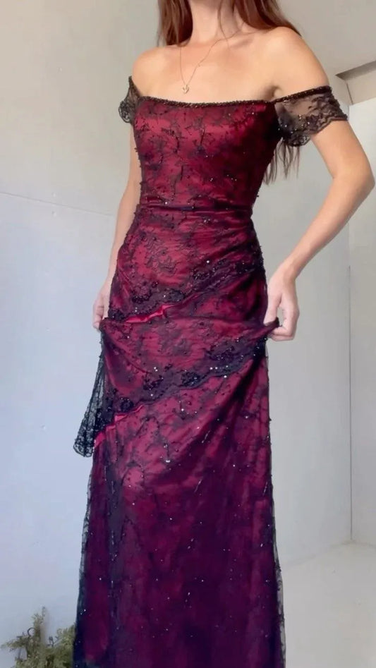Vintage Mermaid Off‑The‑Shoulder Short Sleeve Deep‑V Back Floor‑Length Prom Dress