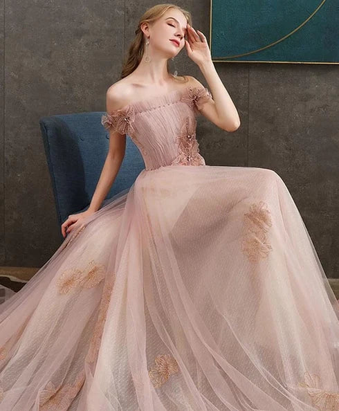 Blush Off The Shoulder Floral Lace Tulle A Line Prom Dress With Train