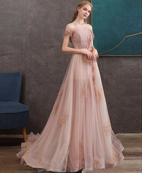 Blush Off The Shoulder Floral Lace Tulle A Line Prom Dress With Train