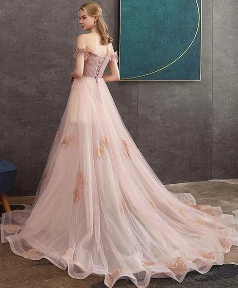 Blush Off The Shoulder Floral Lace Tulle A Line Prom Dress With Train