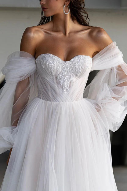 Whimsical Ball Gown Sweetheart Detachable Puff Sleeve Lace Up Back Train Length Wedding Dress