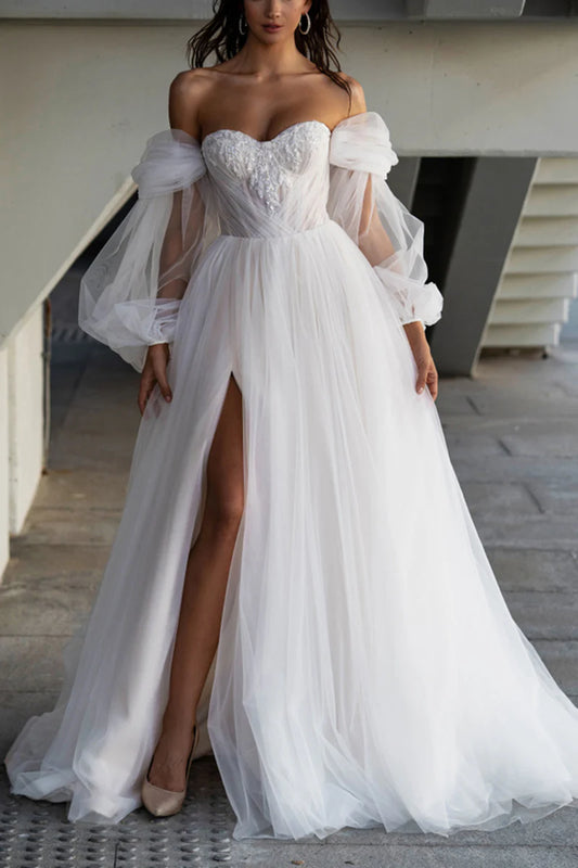 Whimsical Ball Gown Sweetheart Detachable Puff Sleeve Lace Up Back Train Length Wedding Dress