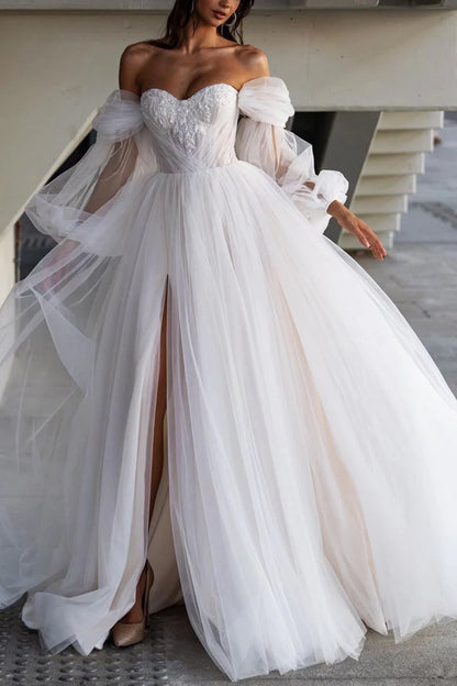 Whimsical Ball Gown Sweetheart Detachable Puff Sleeve Lace Up Back Train Length Wedding Dress