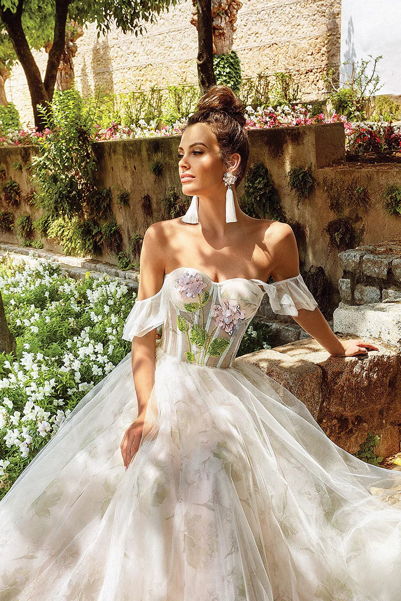 Whimsical Ball-Gown Sweetheart Off-Shoulder Lace-Up-Back Train-Length Wedding Dress