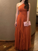 Whimsical A‑line One‑shoulder Sleeveless Solid‑back Floor‑length Prom Dress