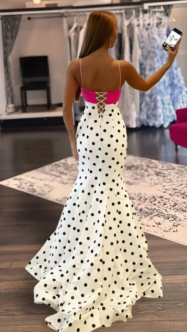 White Polka Dot Spaghetti Strap Pink Bow Mermaid Prom Dress