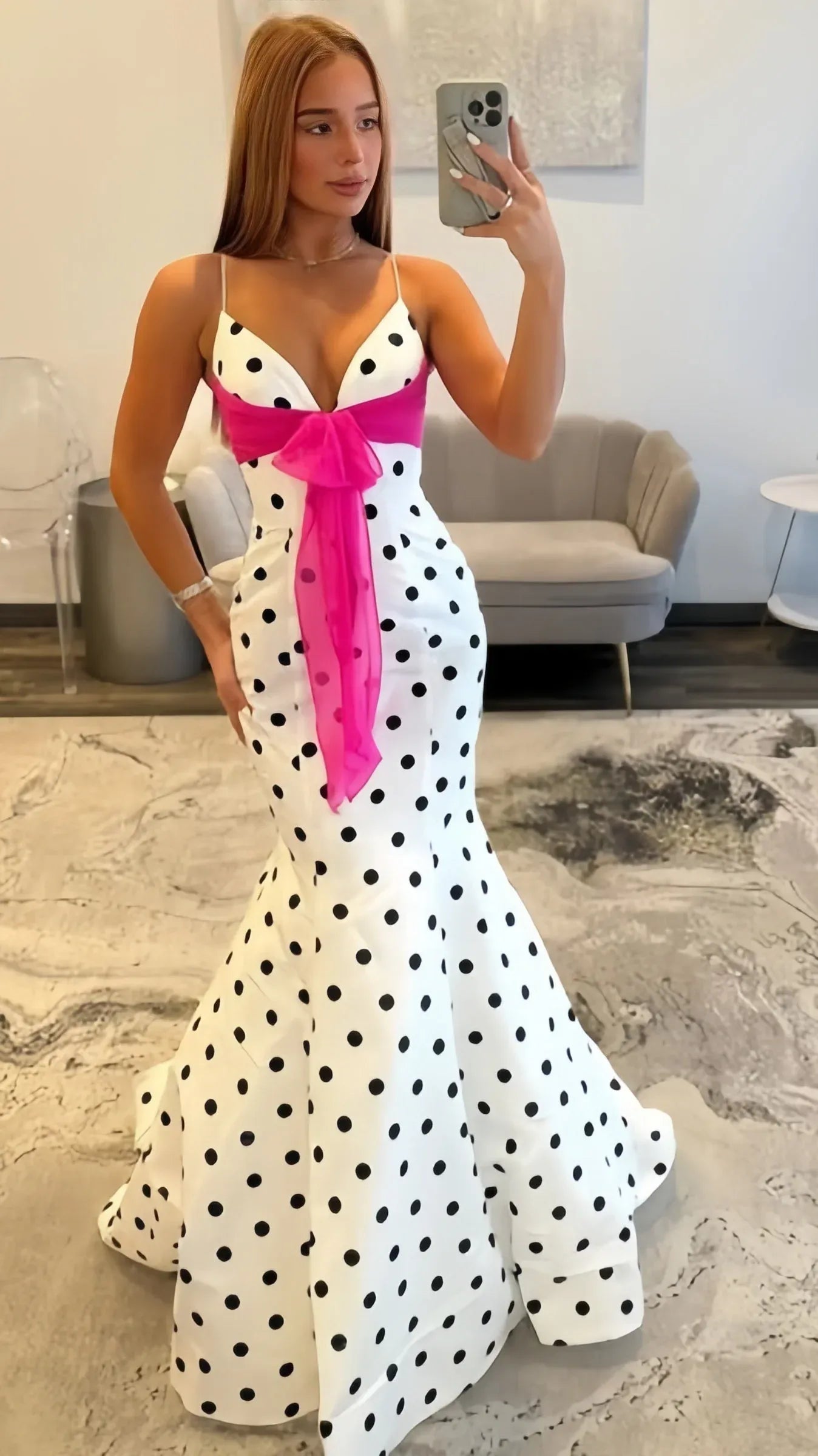 White Polka Dot Spaghetti Strap Pink Bow Mermaid Prom Dress