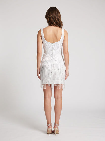 White Sequin Mesh with Beaded Fringe Bodycon Square Neck Above Knee Dress