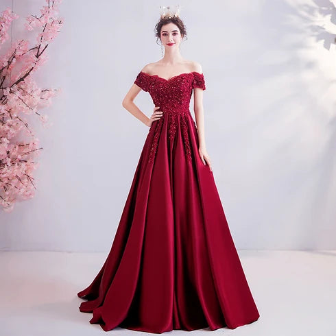 Burgundy Off Shoulder Beaded Satin Ball Gown Prom Dress