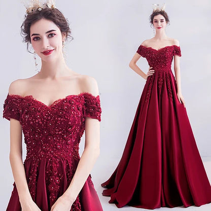 Burgundy Off Shoulder Beaded Satin Ball Gown Prom Dress