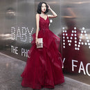 Burgundy Spaghetti Strap Lace Prom Dress V Neck Ruffled Tulle Skirt