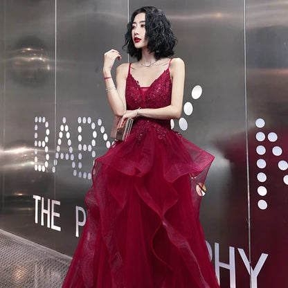 Burgundy Spaghetti Strap Lace Prom Dress V Neck Ruffled Tulle Skirt