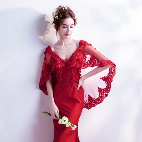 Red V Neck Lace Cape Sleeve Mermaid Evening Gown With Train