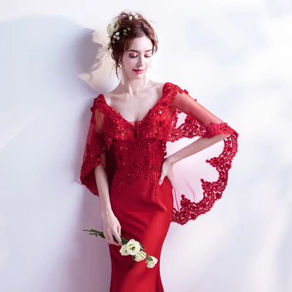 Red V Neck Lace Cape Sleeve Mermaid Evening Gown With Train