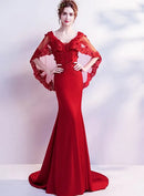 Red V Neck Lace Cape Sleeve Mermaid Evening Gown With Train