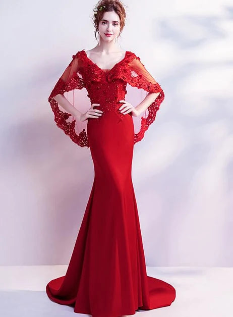 Red V Neck Lace Cape Sleeve Mermaid Evening Gown With Train
