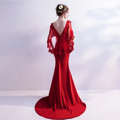 Red V Neck Lace Cape Sleeve Mermaid Evening Gown With Train