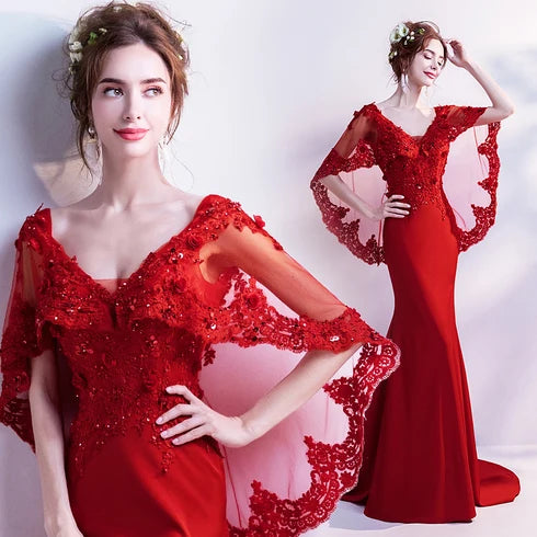 Red V Neck Lace Cape Sleeve Mermaid Evening Gown With Train